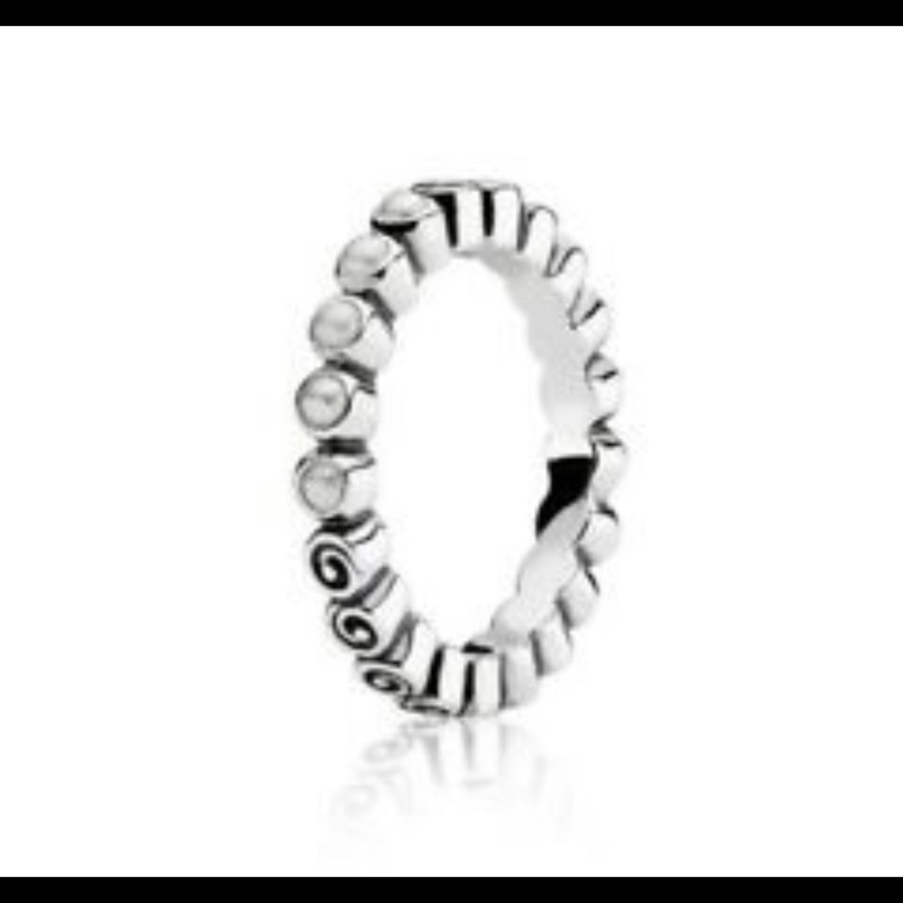 PANDORA Jewelry,  Oceans Treasure Swirl & Pearl Ring (Retired), Size 54 / 7